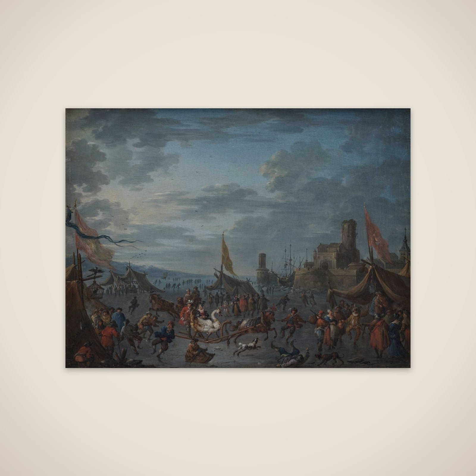 Landskab med kaner og skøjteløbere på isen unframed print
