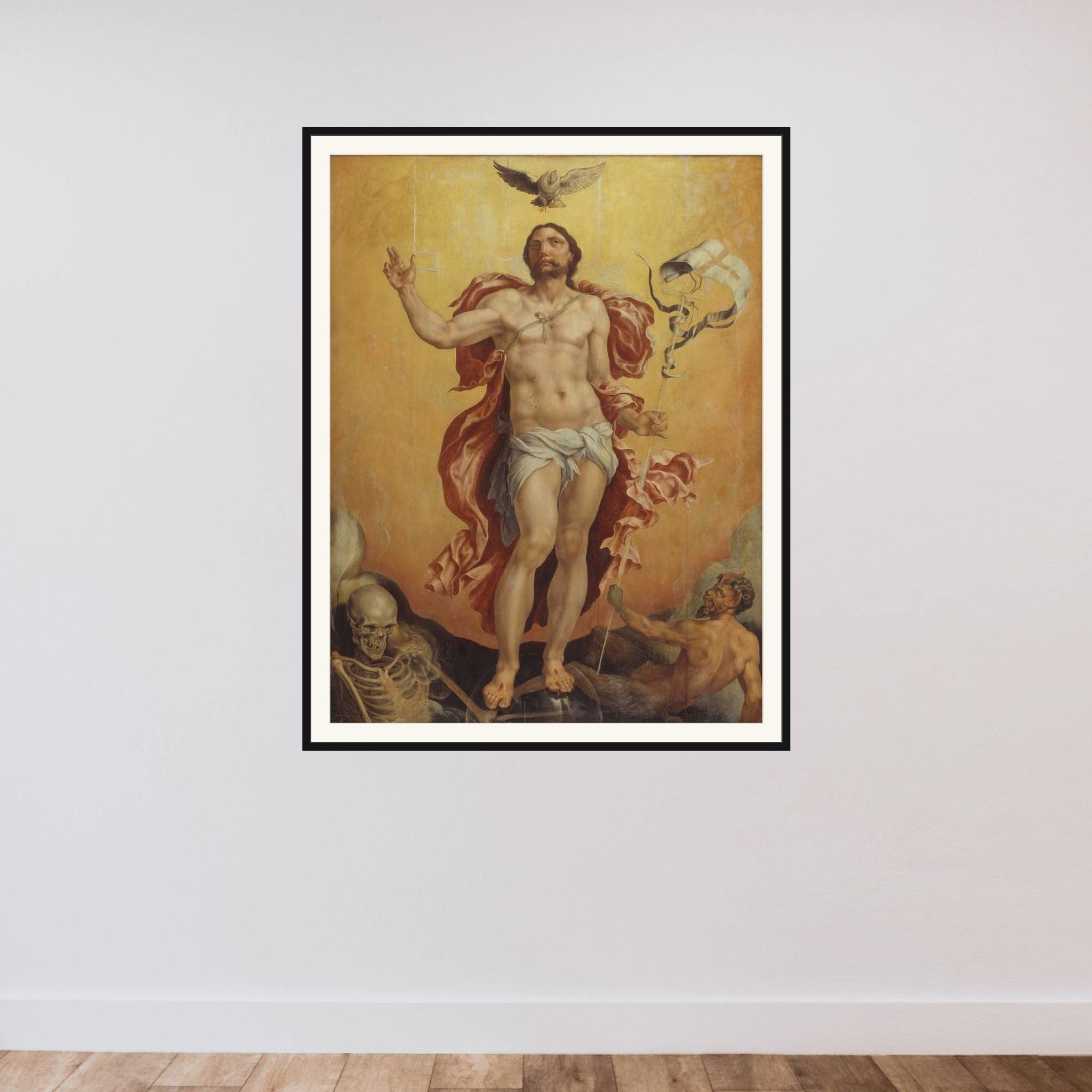 Kristus som sejrherre over synd og død framed — shown to scale