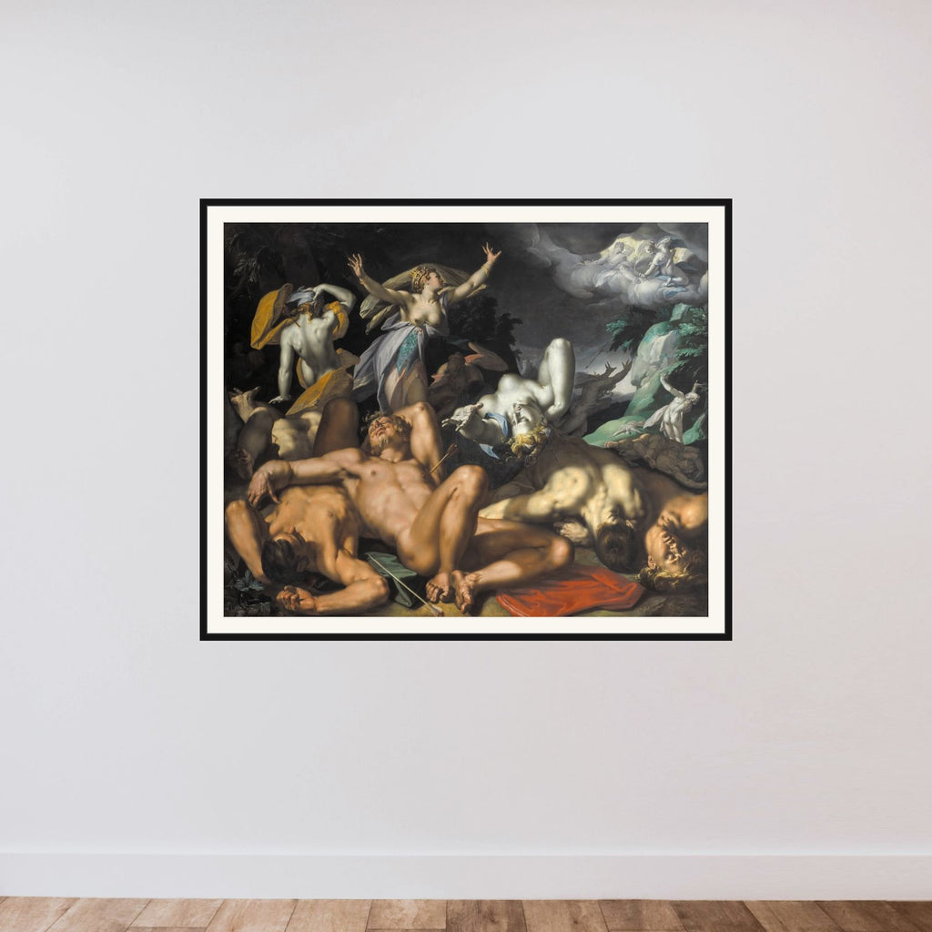 Apollon og Diana straffer Niobe ved at dræbe hendes børn framed — shown to scale