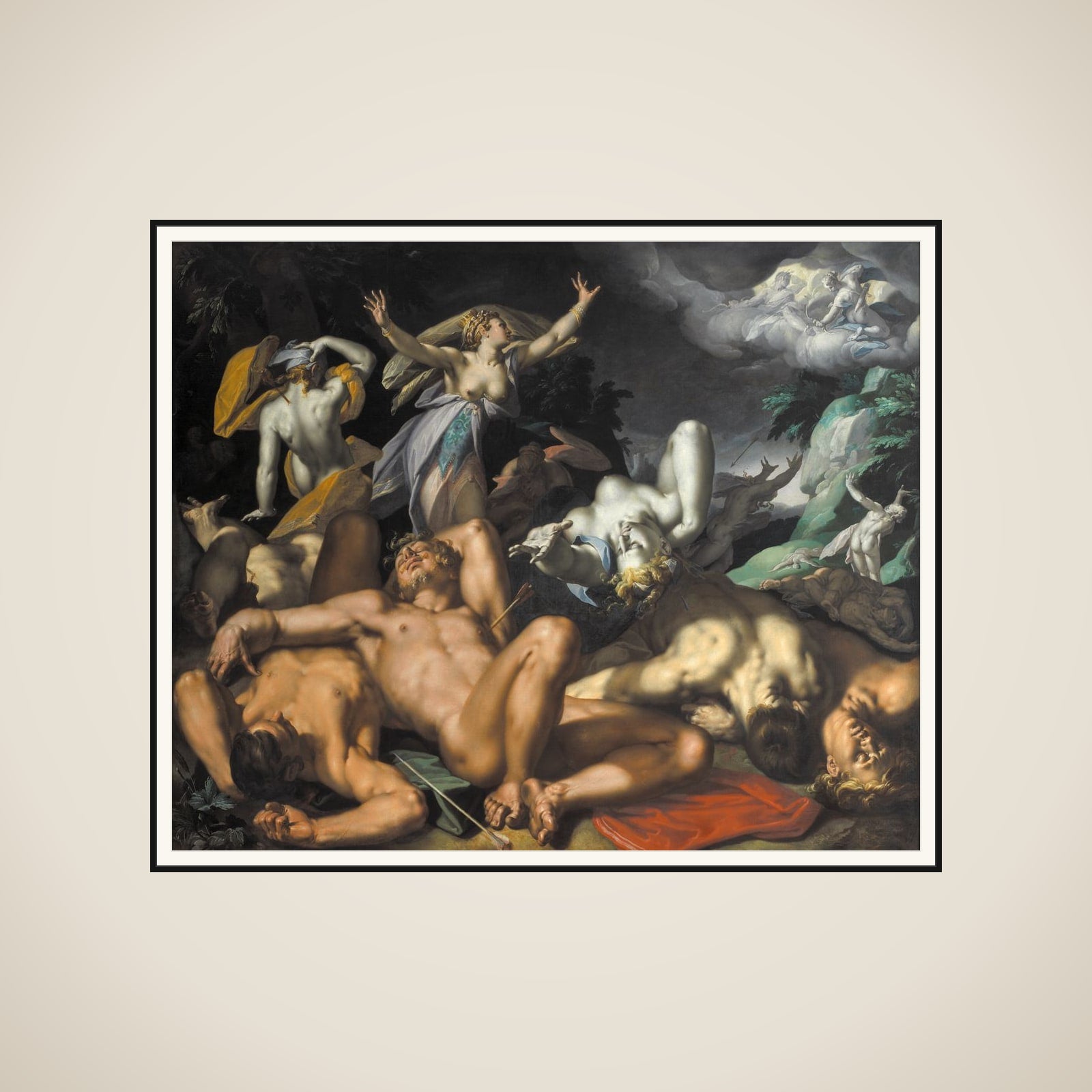 Apollon og Diana straffer Niobe ved at dræbe hendes børn framed