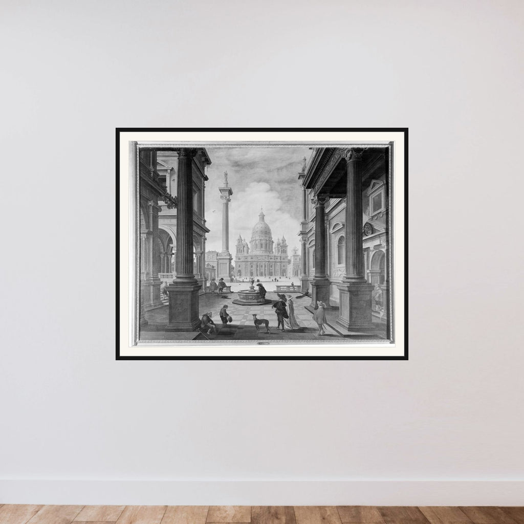 Pladsen foran en pragtfuld kirke framed — shown to scale