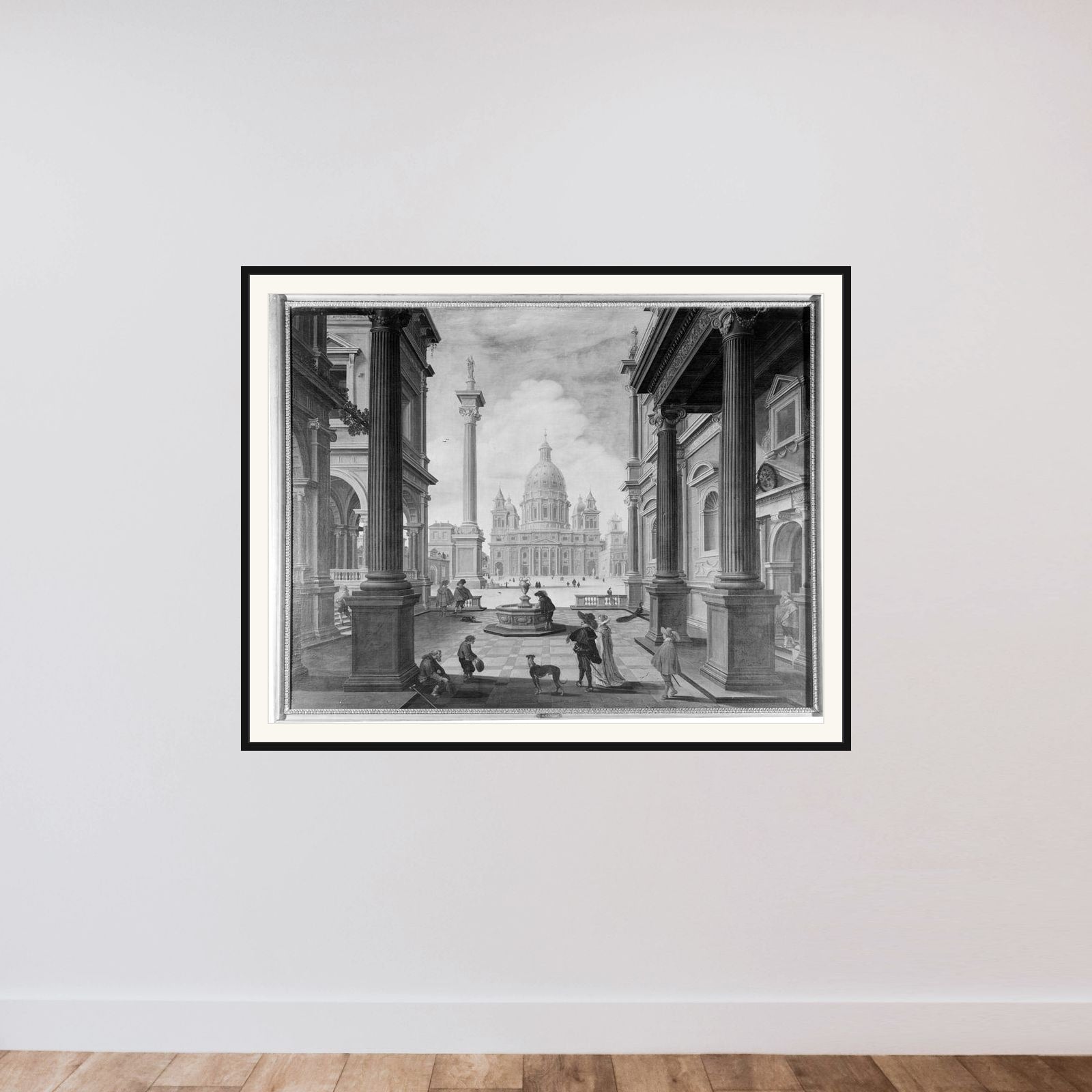 Pladsen foran en pragtfuld kirke framed — shown to scale