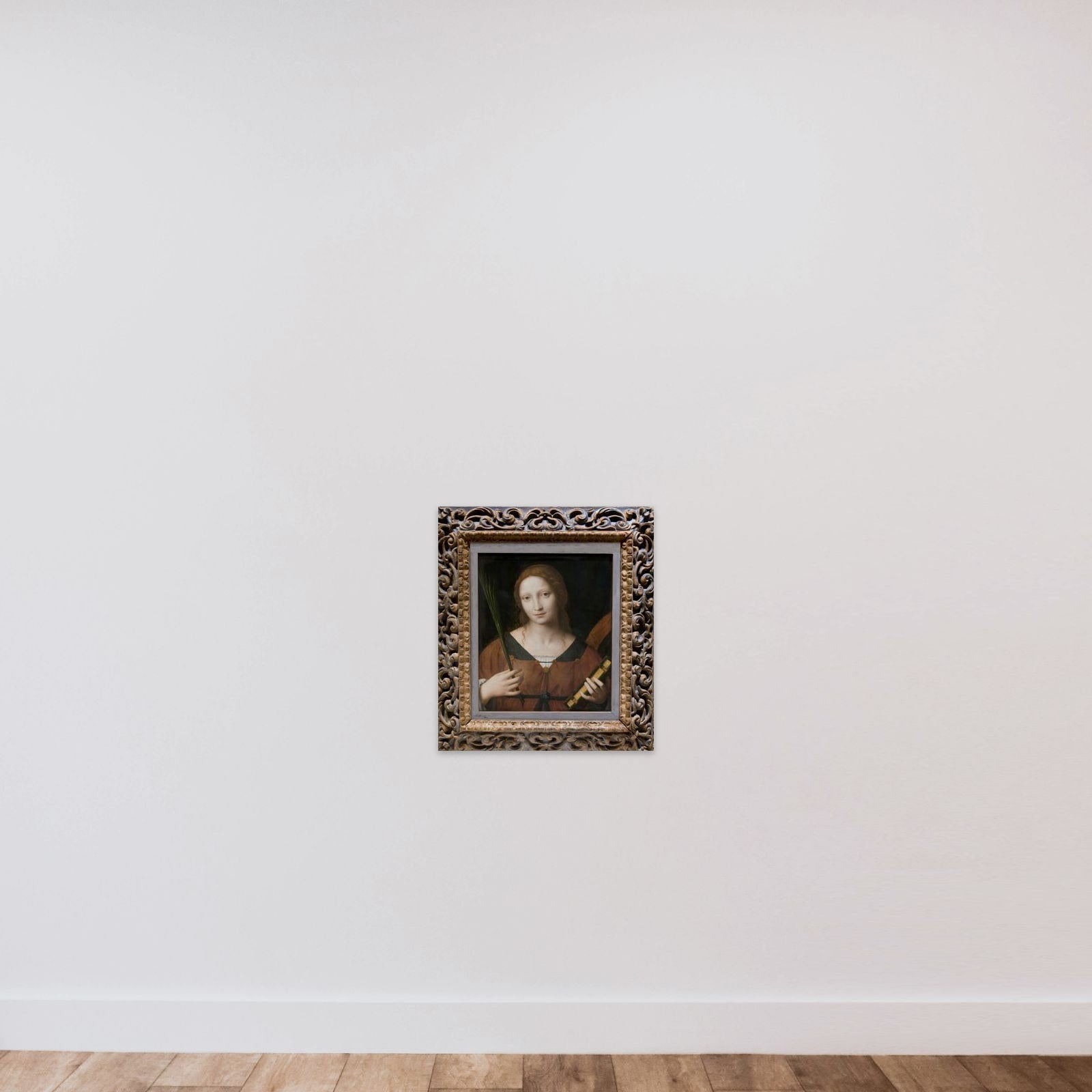 Den hellige Catarina af Alexandria unframed — shown to scale