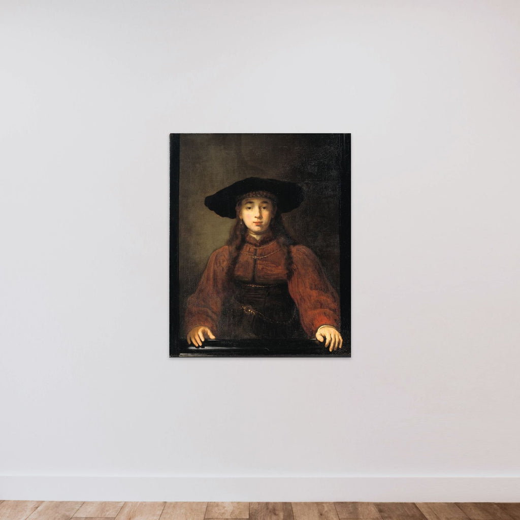 En ung kvinde med hænderne hvilende på billedrammen unframed — shown to scale