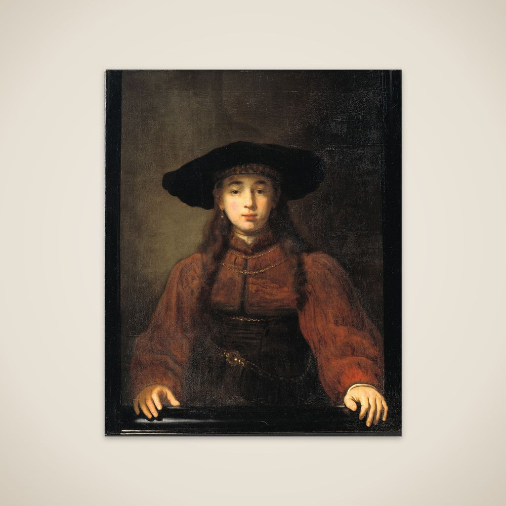En ung kvinde med hænderne hvilende på billedrammen unframed print