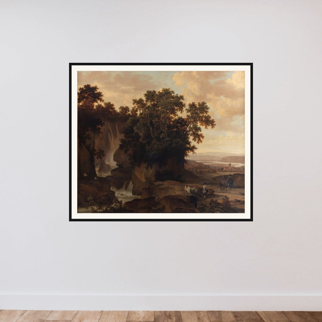 Træbevoksede klipper med et vandfald framed — shown to scale