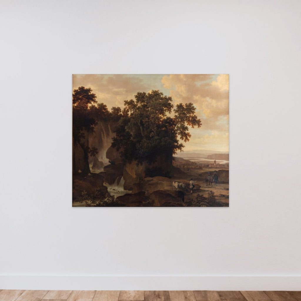 Træbevoksede klipper med et vandfald unframed — shown to scale