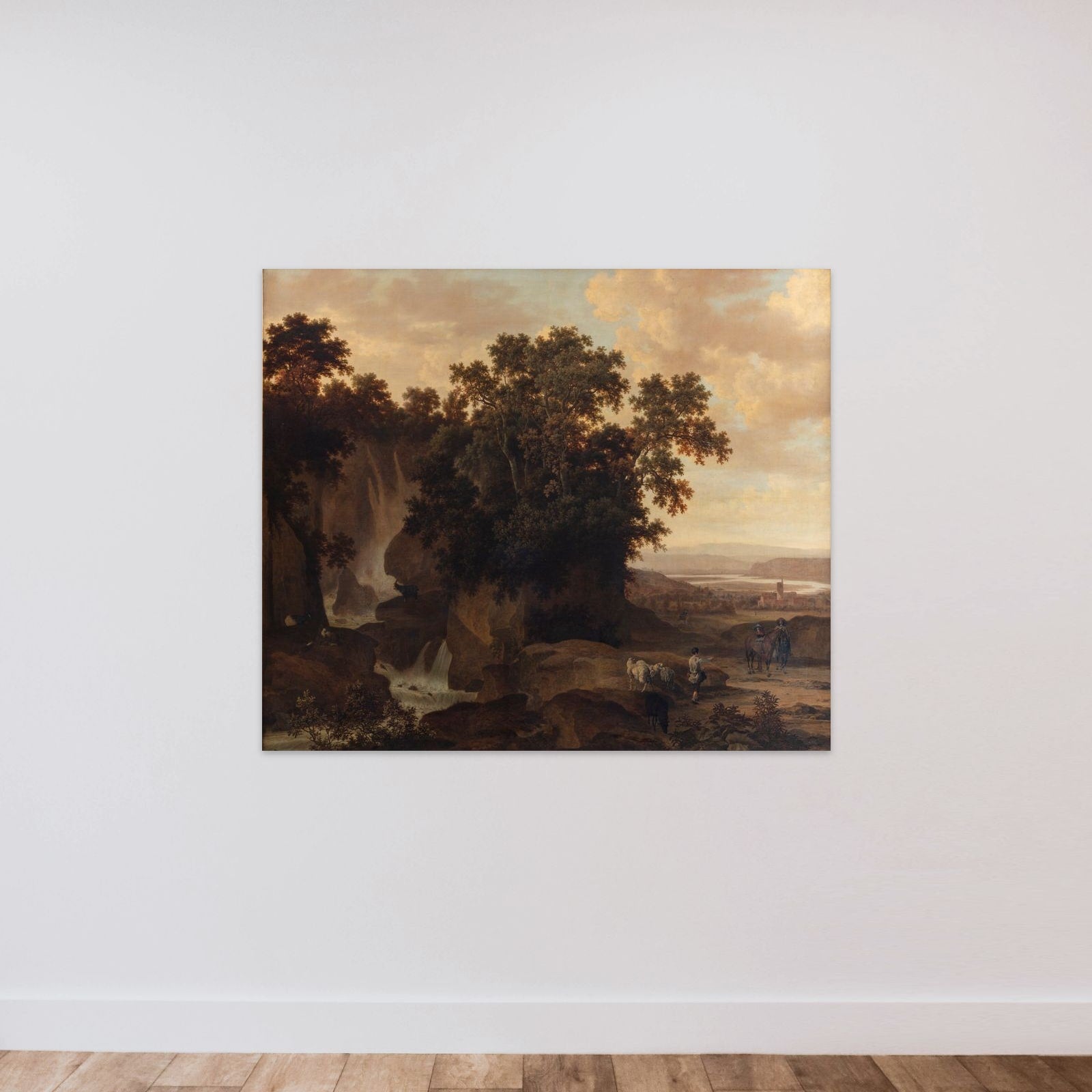 Træbevoksede klipper med et vandfald unframed — shown to scale
