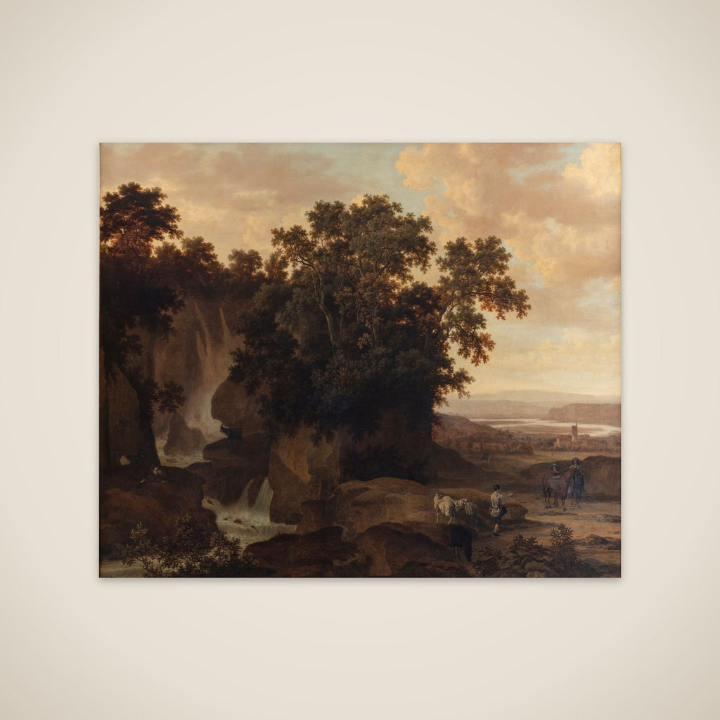 Træbevoksede klipper med et vandfald unframed print