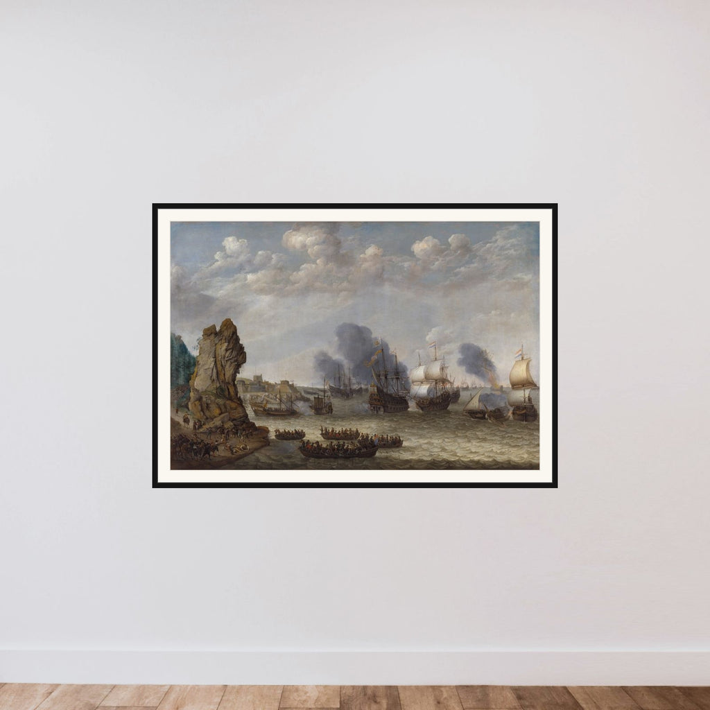 Kamp ved en kyst mellem spaniere og hollændere, der gør landgang framed — shown to scale