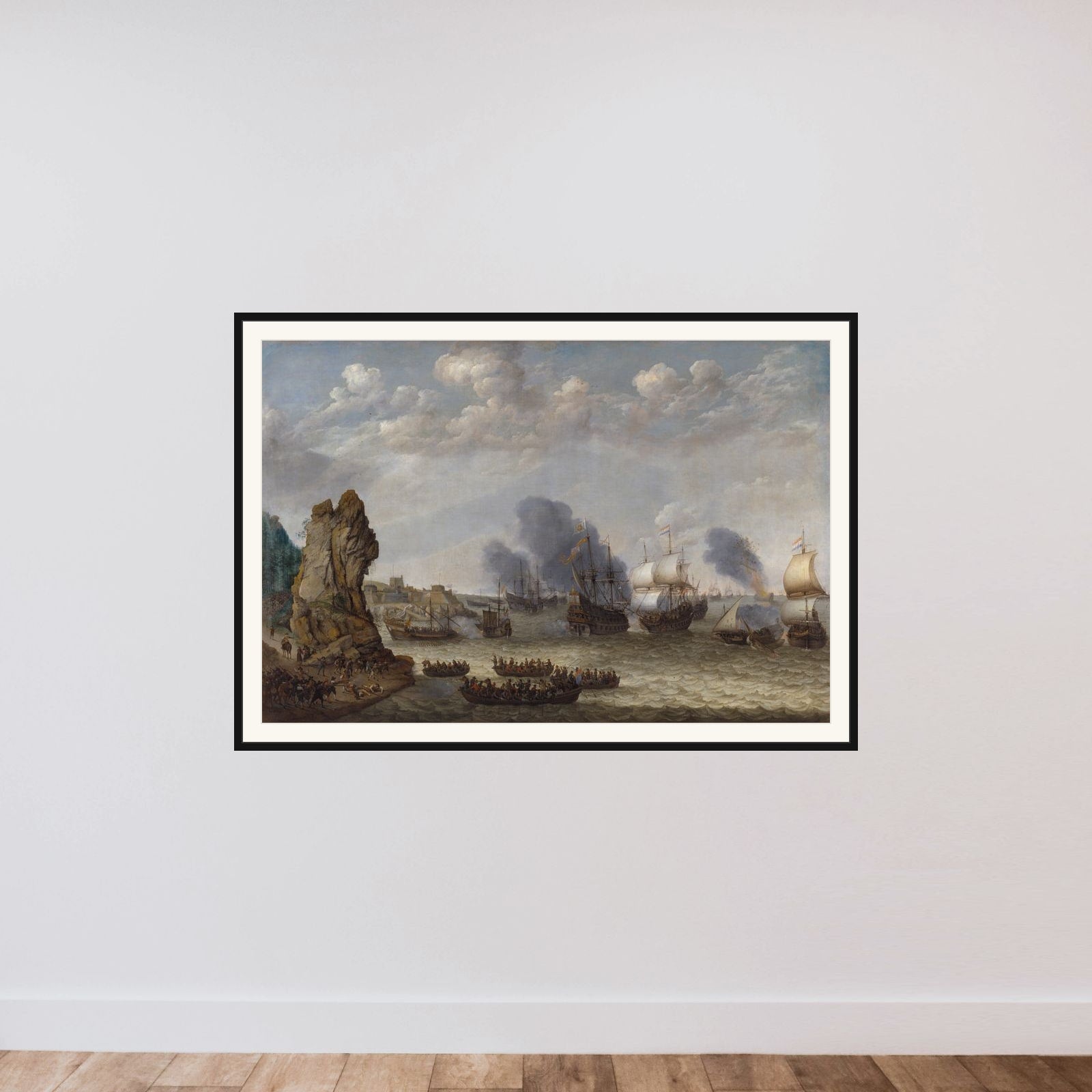 Kamp ved en kyst mellem spaniere og hollændere, der gør landgang framed — shown to scale