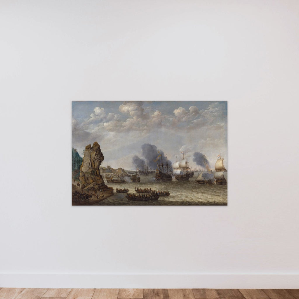 Kamp ved en kyst mellem spaniere og hollændere, der gør landgang unframed — shown to scale
