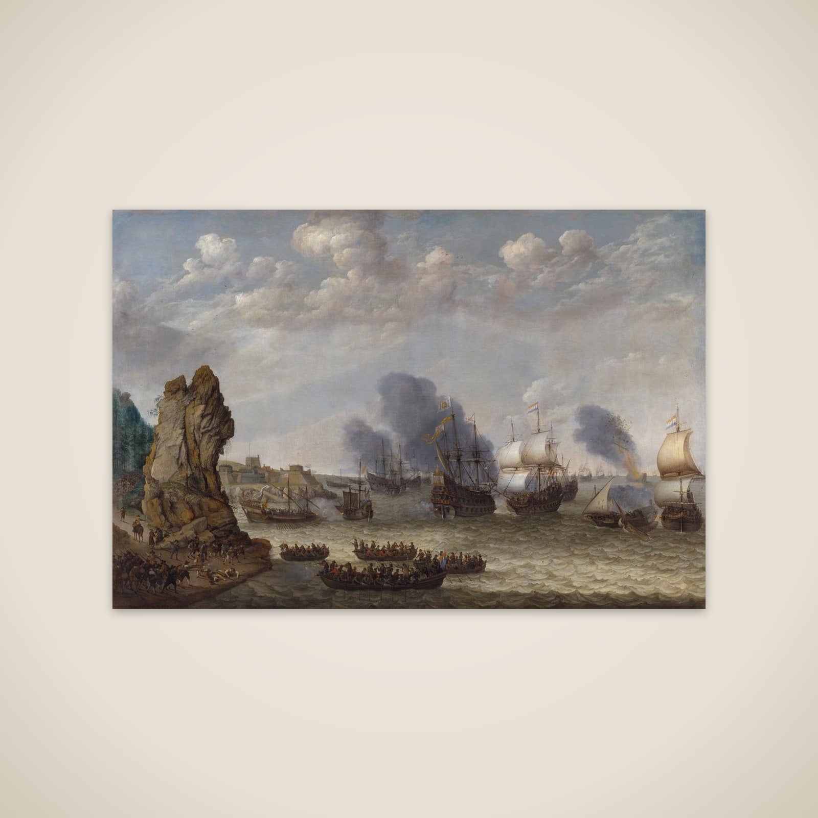 Kamp ved en kyst mellem spaniere og hollændere, der gør landgang unframed print