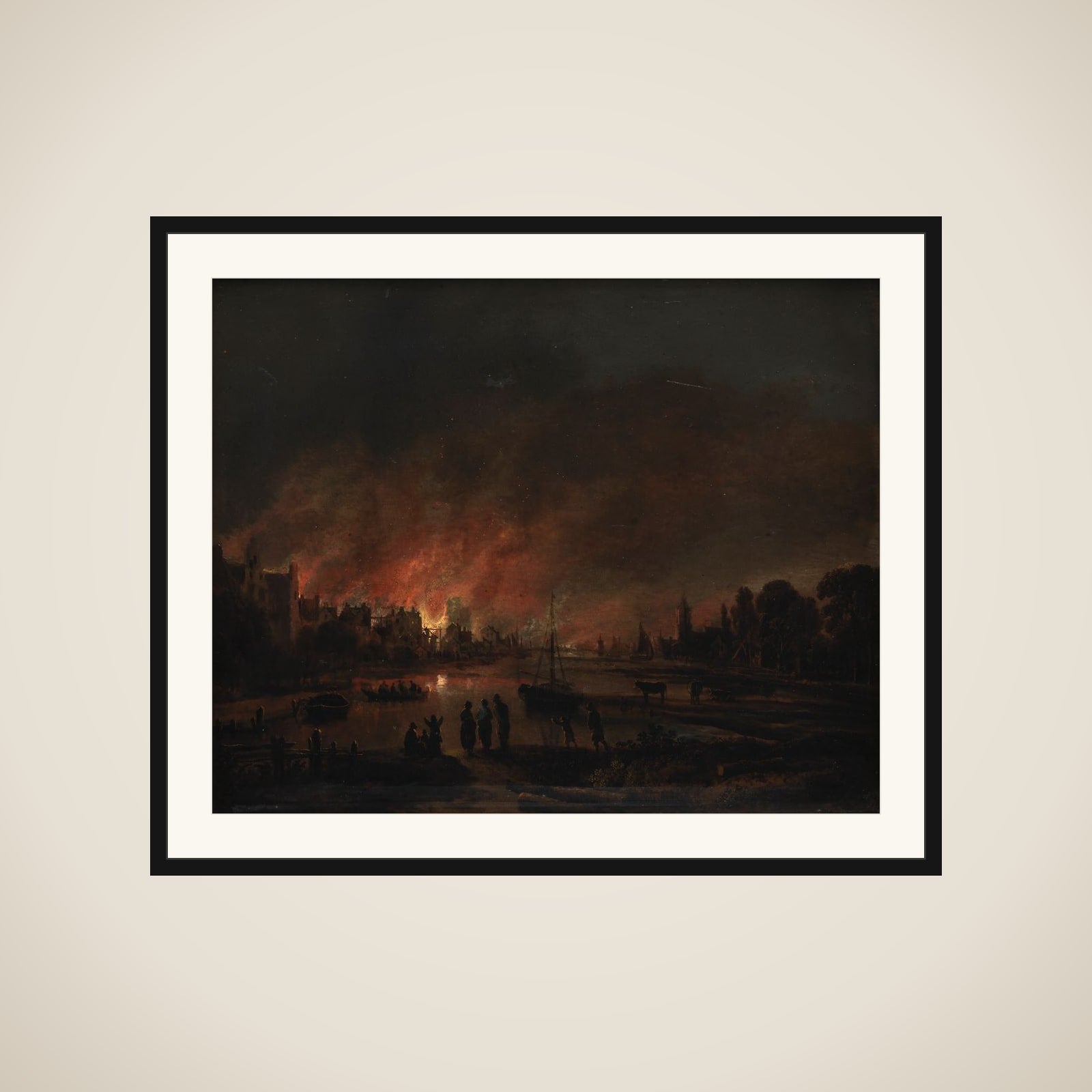 Natlig ildebrand i en landsby framed