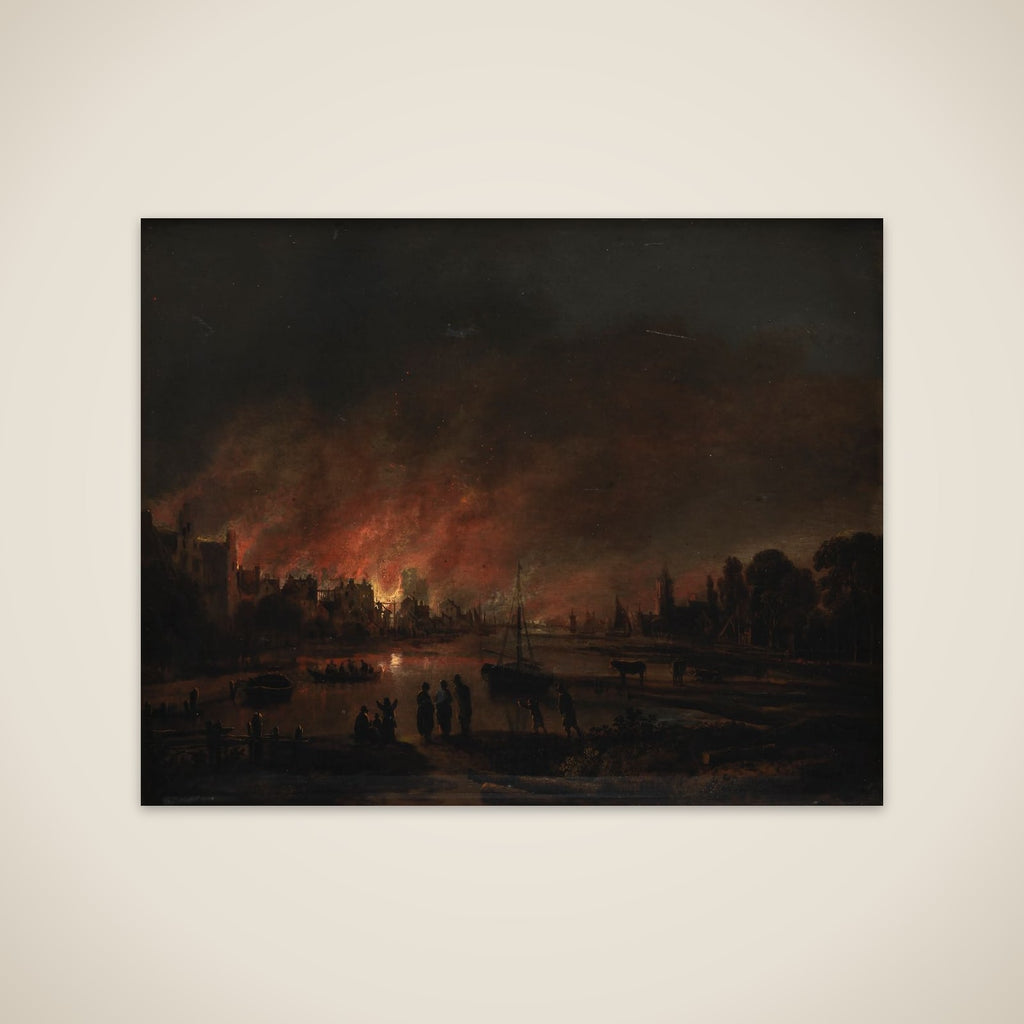 Natlig ildebrand i en landsby unframed print