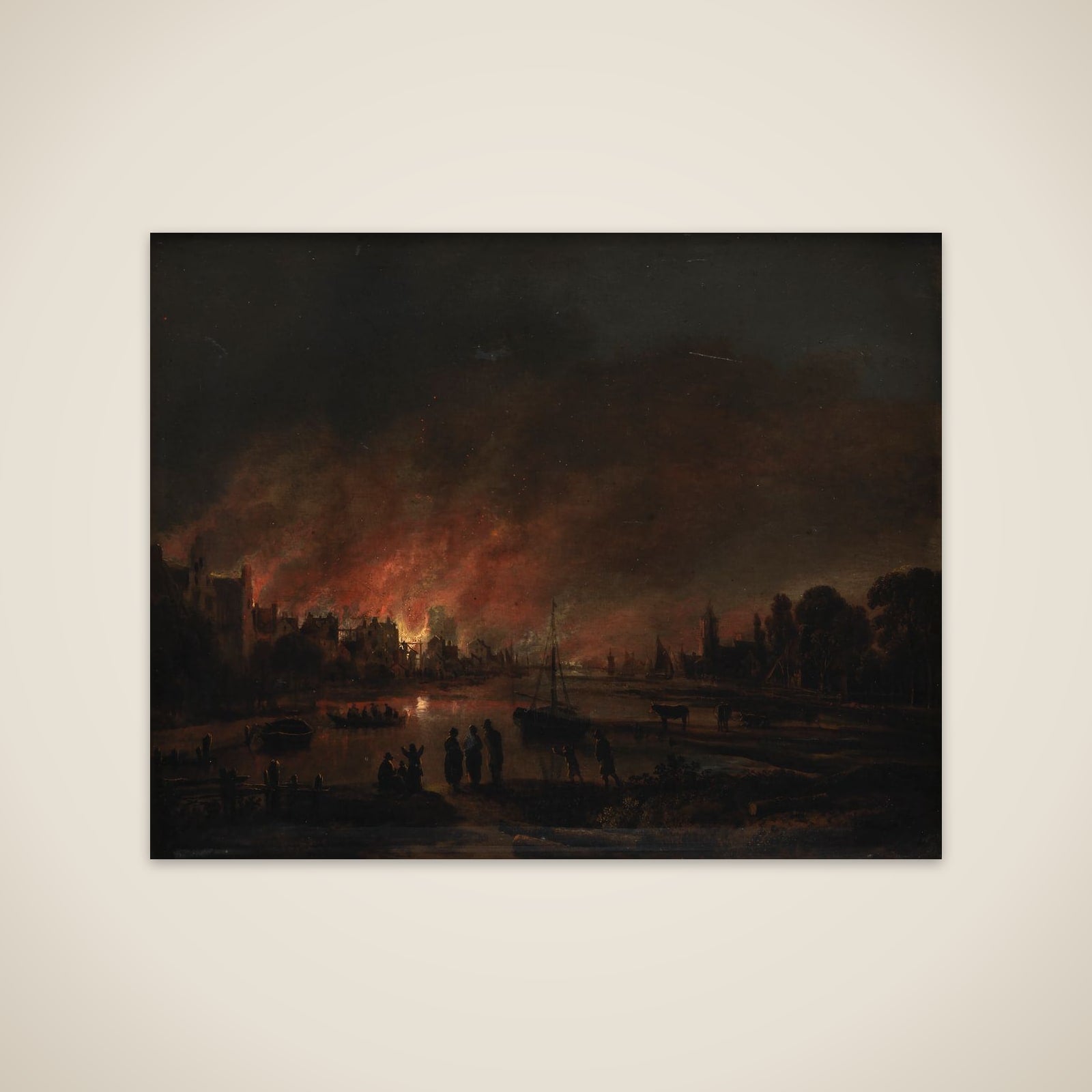 Natlig ildebrand i en landsby unframed print