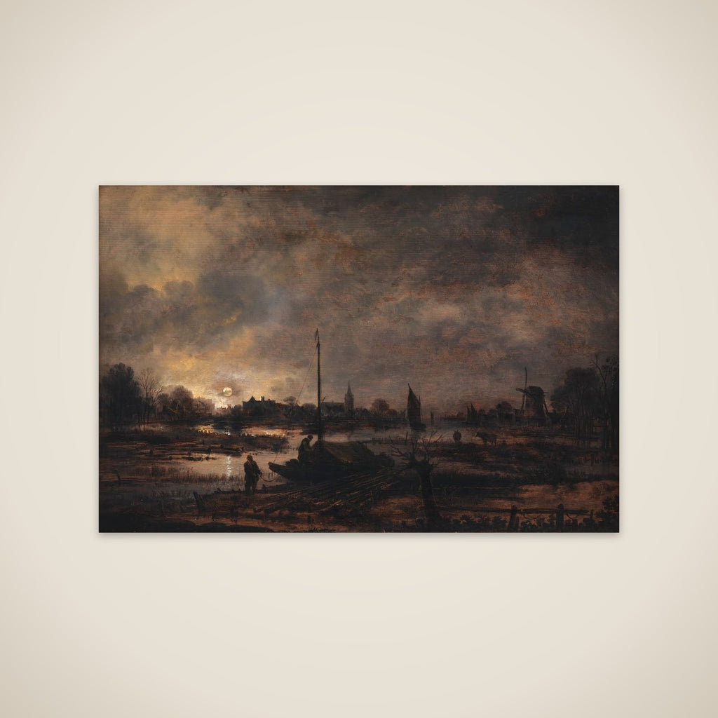 Månens opgang over en landsby unframed print