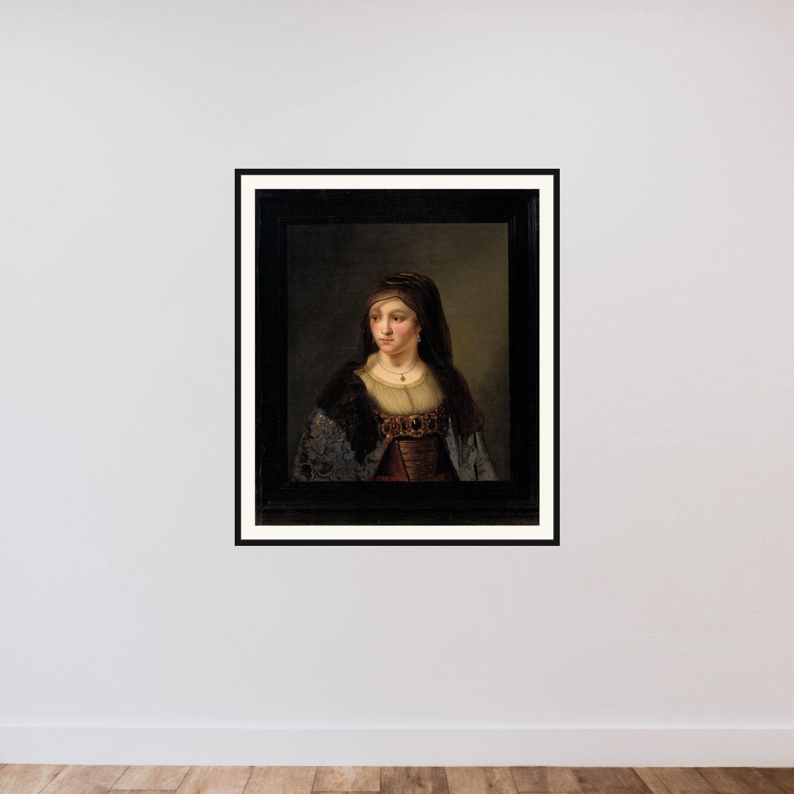 Portræt af en dame med slør framed — shown to scale