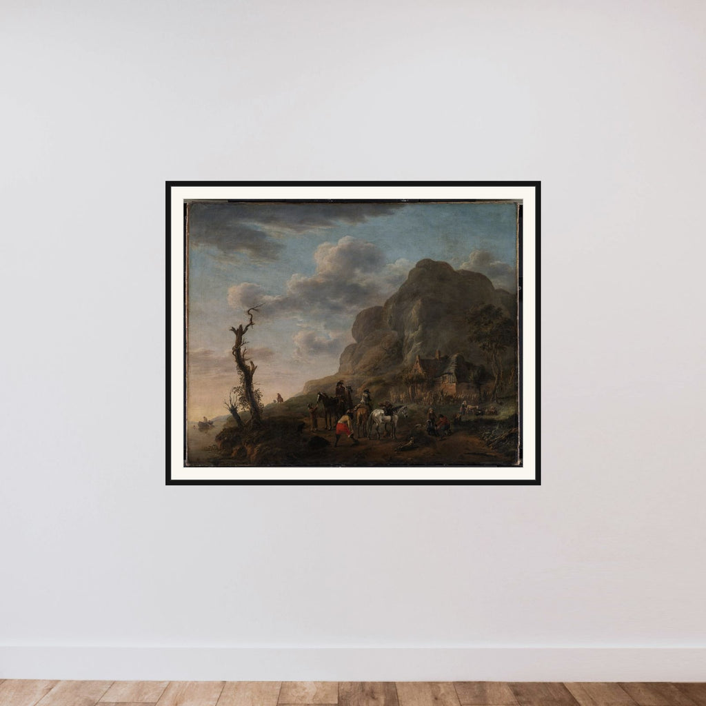 Et landskab med ryttere, der holder hvil framed — shown to scale