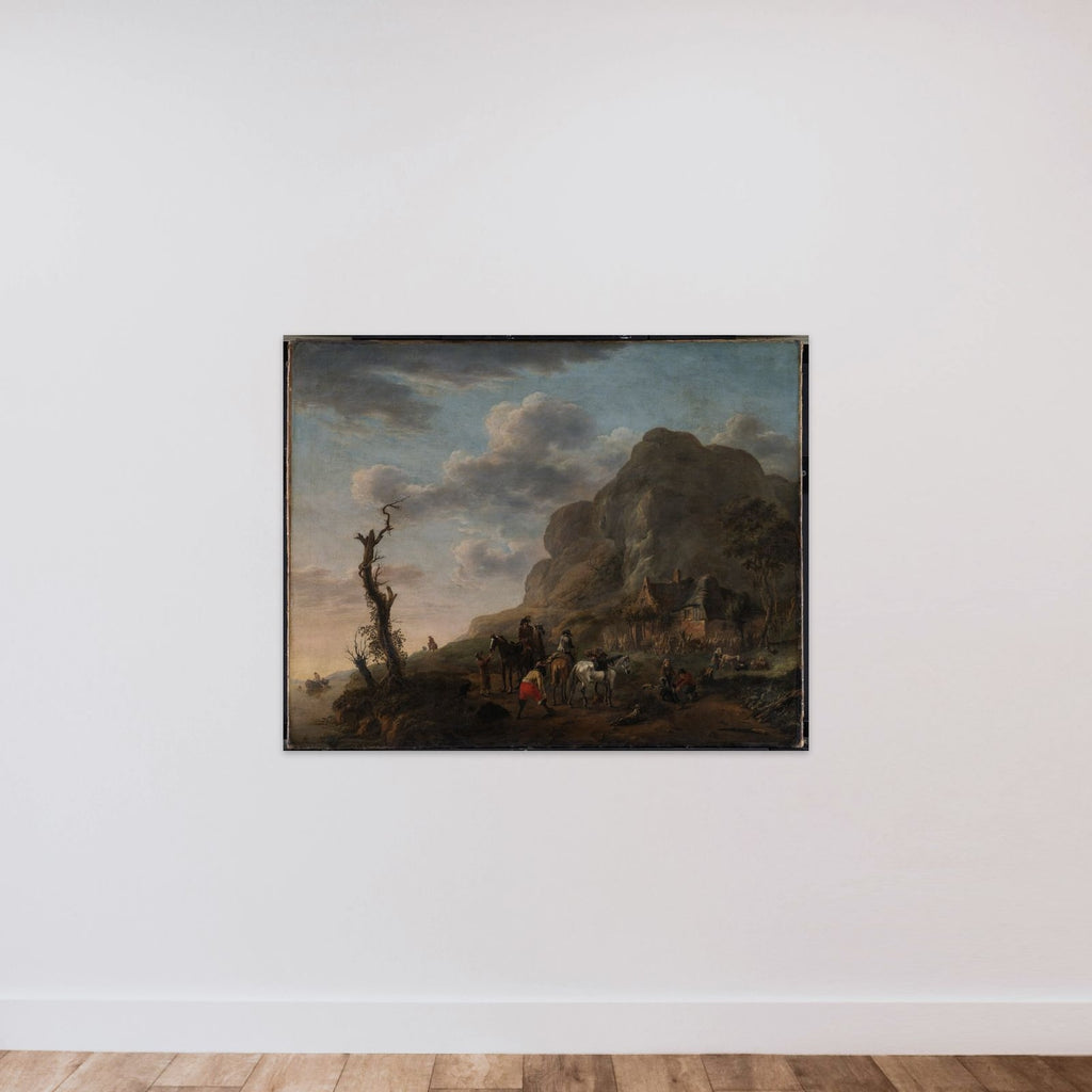 Et landskab med ryttere, der holder hvil unframed — shown to scale