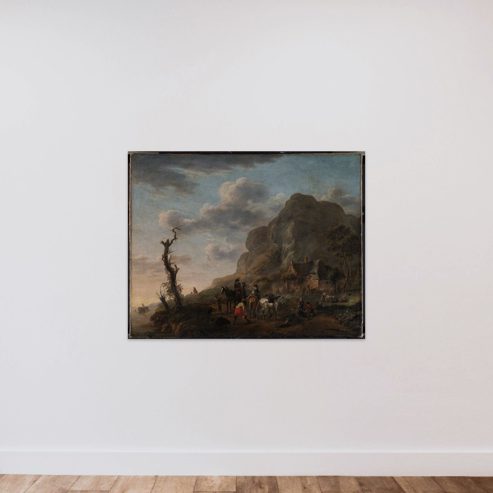 Et landskab med ryttere, der holder hvil unframed — shown to scale