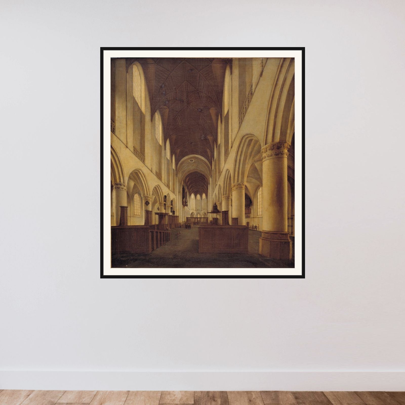 Det indre af S. Bavo i Haarlem. Udsigt gennem kirkens hovedskib mod koret framed — shown to scale