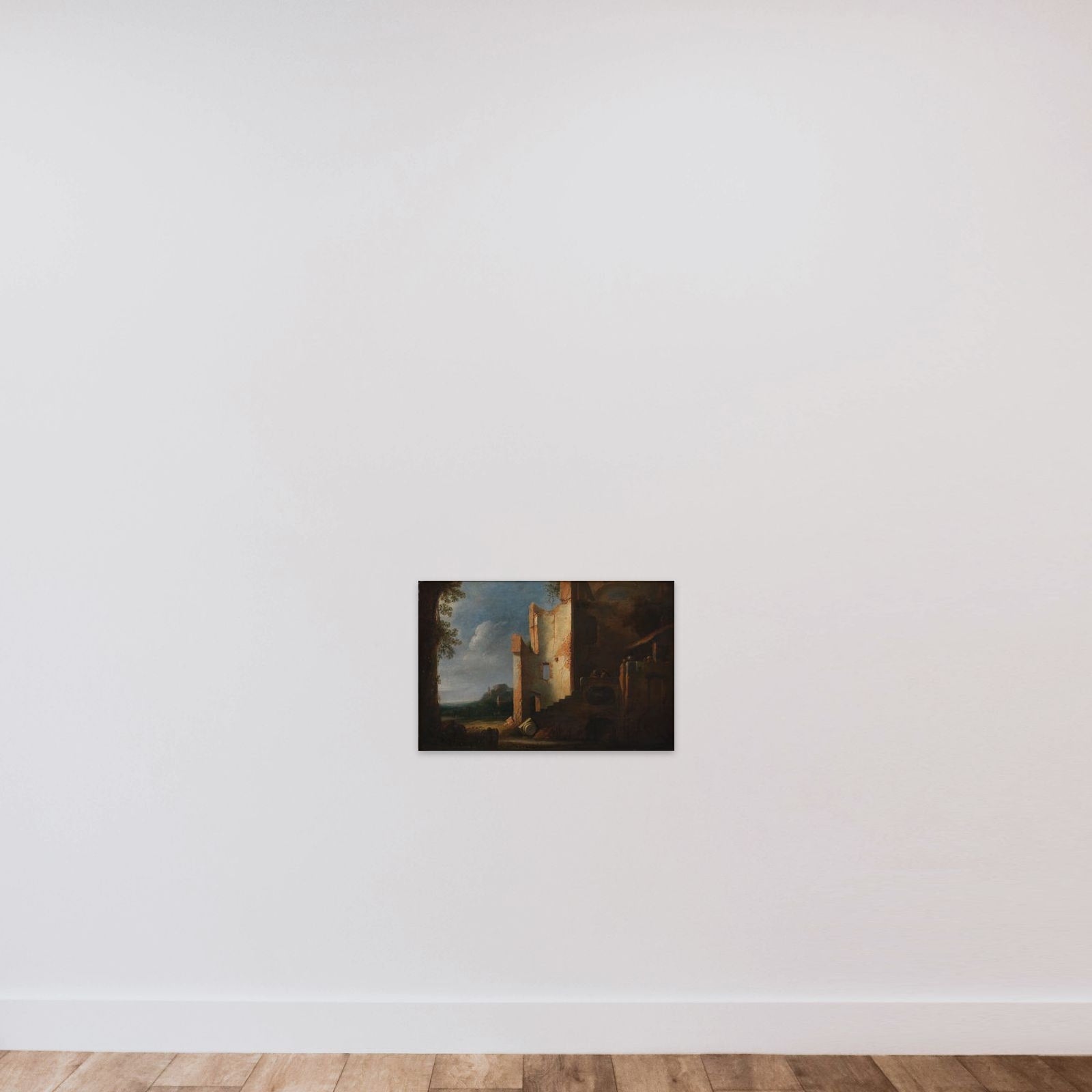Landskab med ruiner unframed — shown to scale