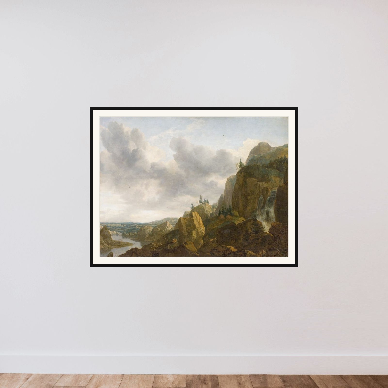Nordisk klippelandskab med vandfald framed — shown to scale