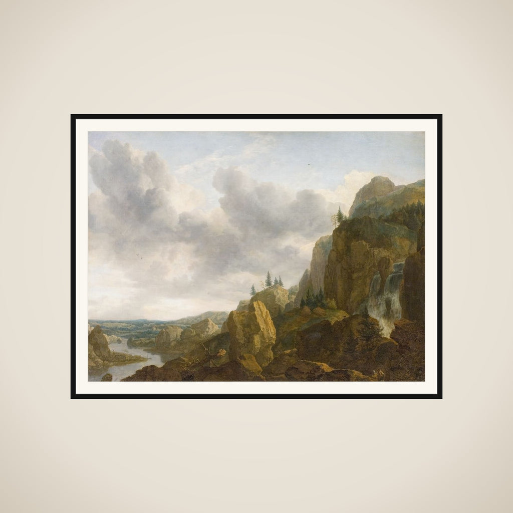 Nordisk klippelandskab med vandfald framed