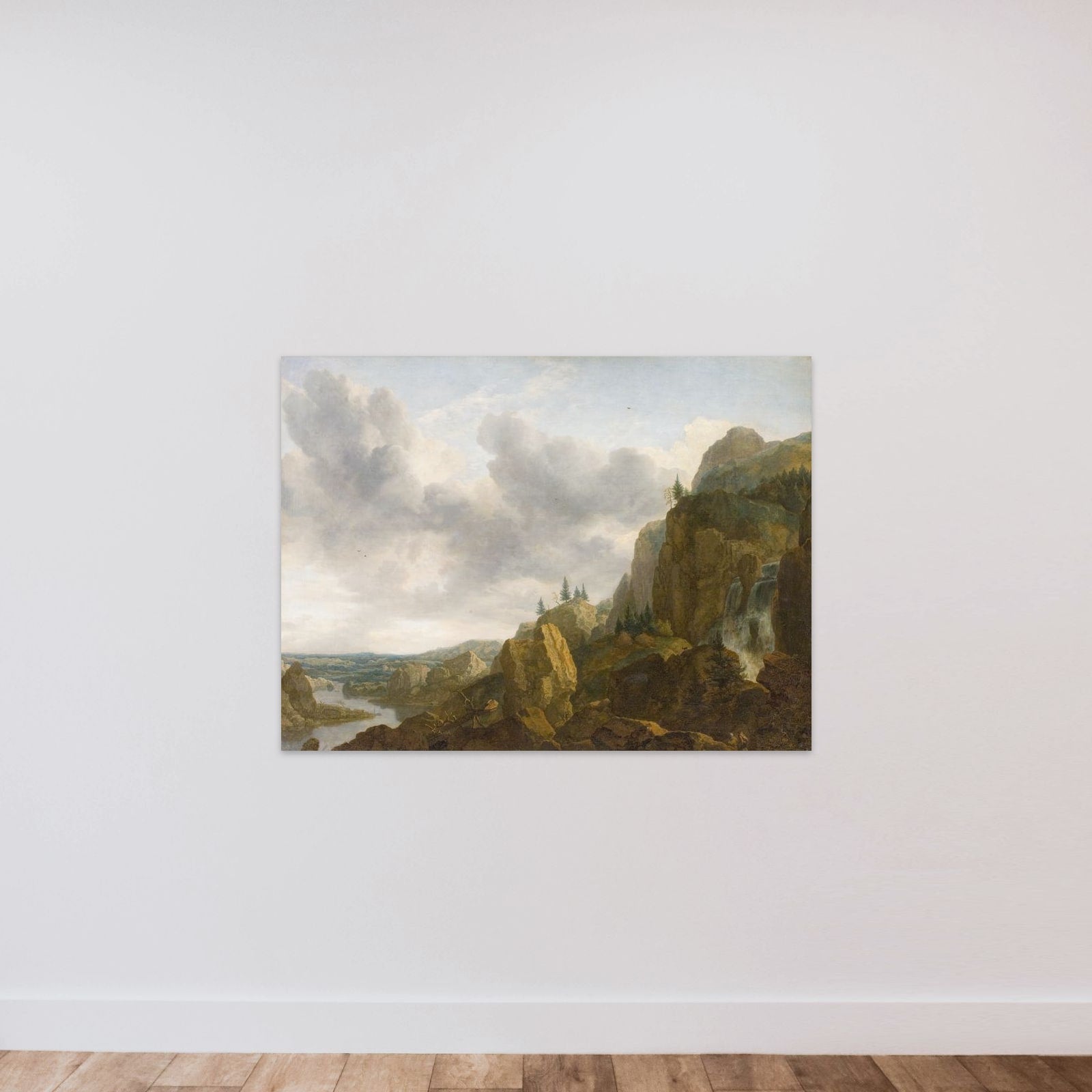 Nordisk klippelandskab med vandfald unframed — shown to scale