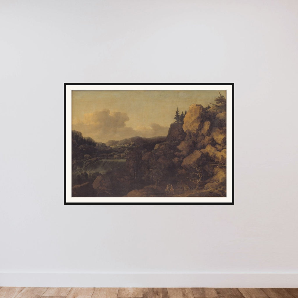 Bjerglandskab med et par ryttere i forgrunden framed — shown to scale