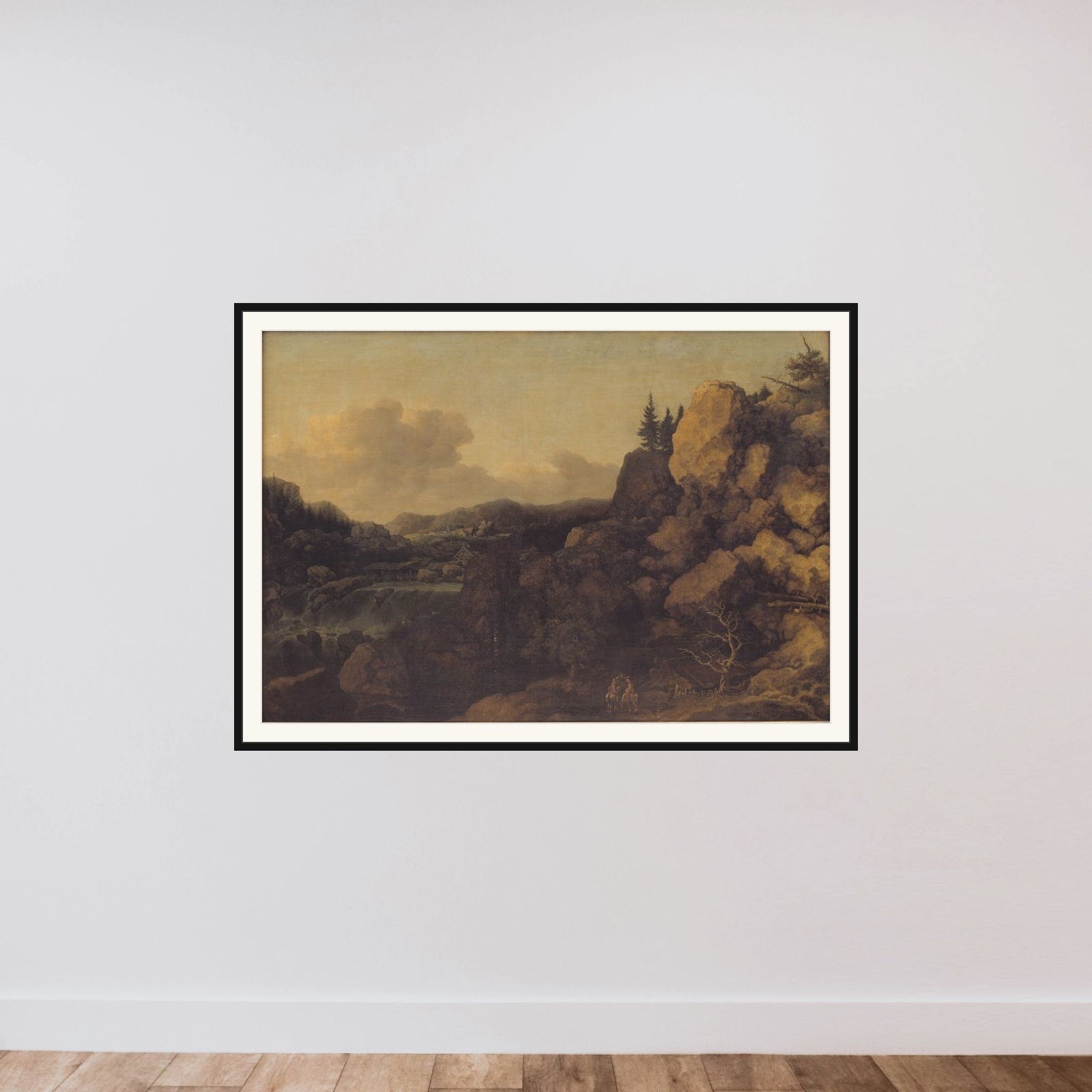 Bjerglandskab med et par ryttere i forgrunden framed — shown to scale