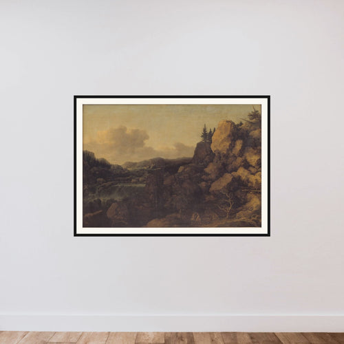 Bjerglandskab med et par ryttere i forgrunden framed — shown to scale