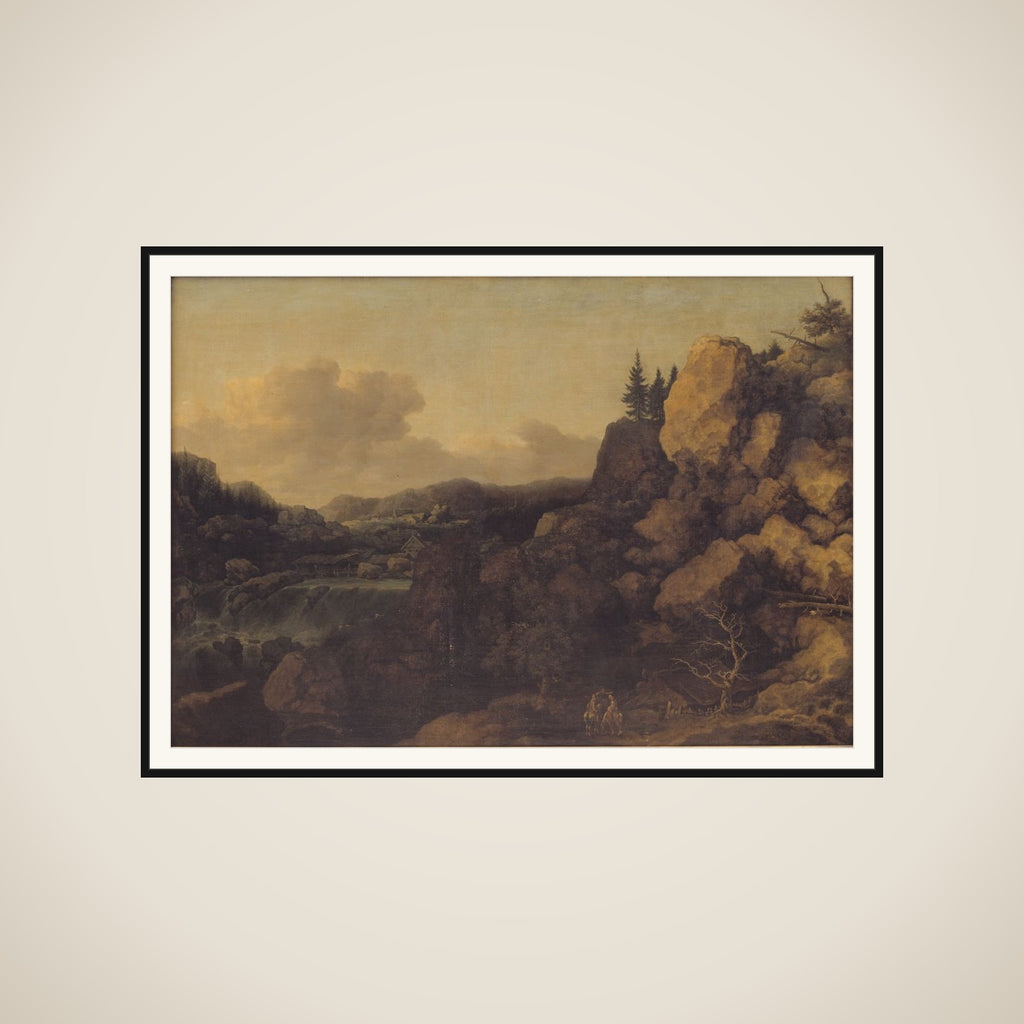 Bjerglandskab med et par ryttere i forgrunden framed