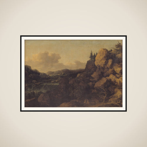 Bjerglandskab med et par ryttere i forgrunden framed