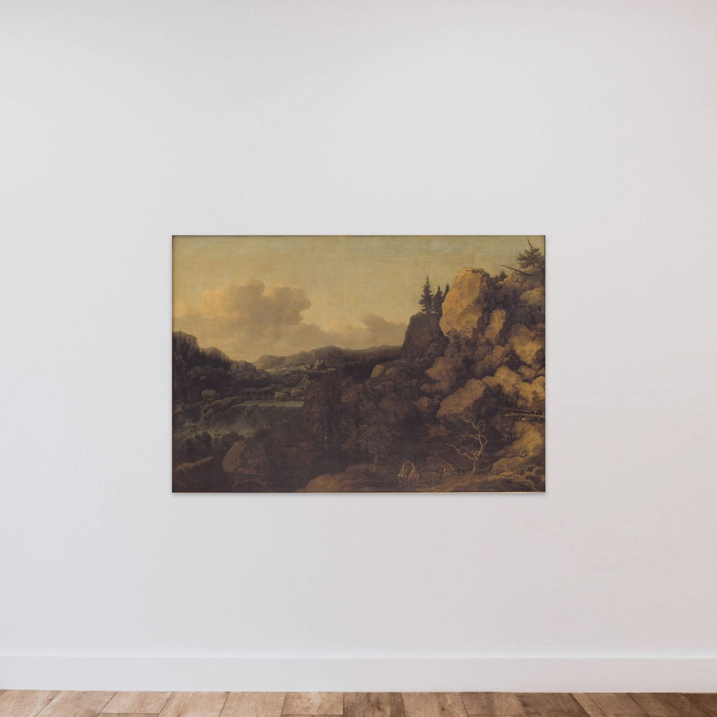 Bjerglandskab med et par ryttere i forgrunden unframed — shown to scale