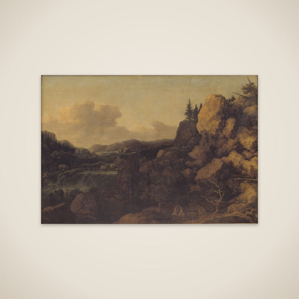 Bjerglandskab med et par ryttere i forgrunden unframed print