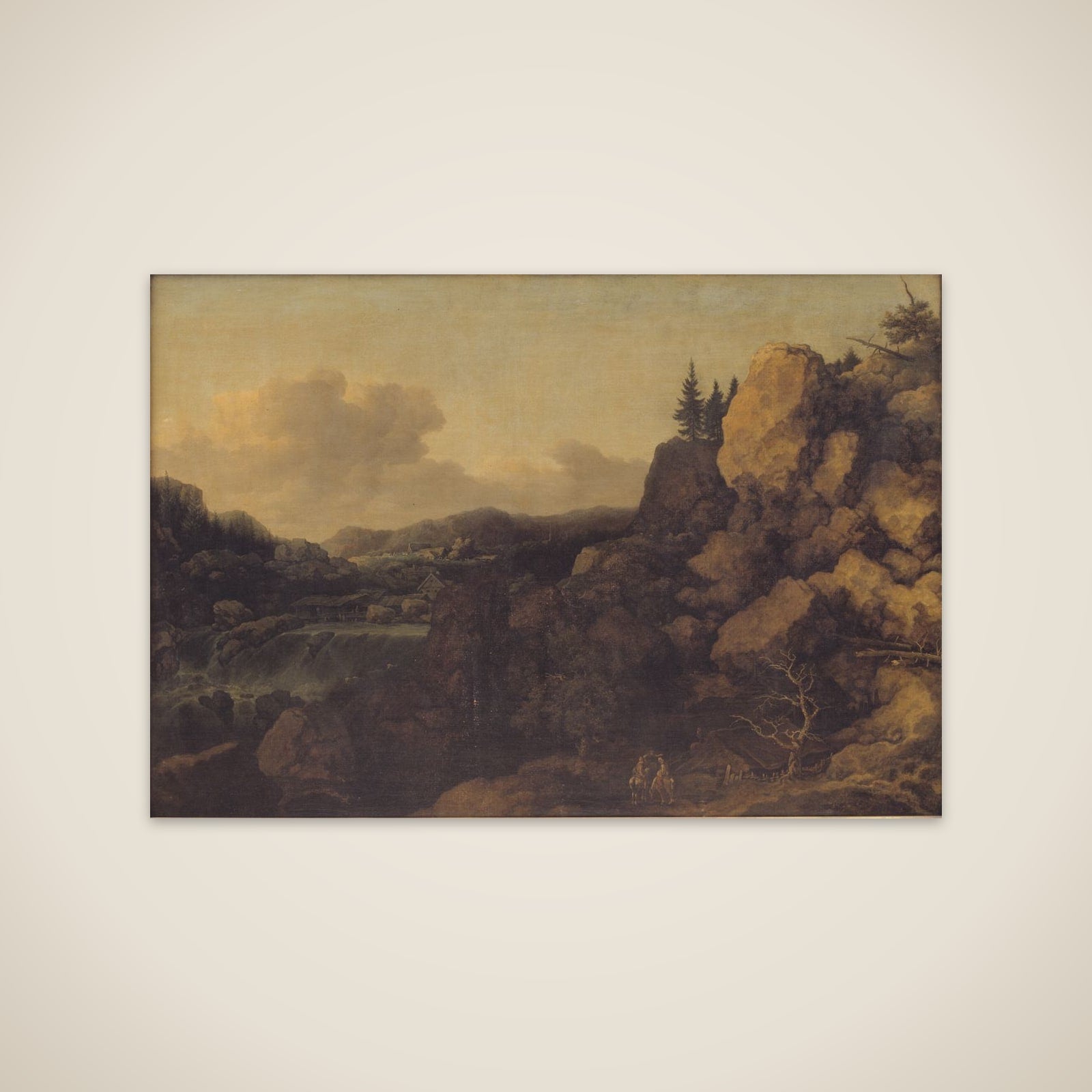 Bjerglandskab med et par ryttere i forgrunden unframed print