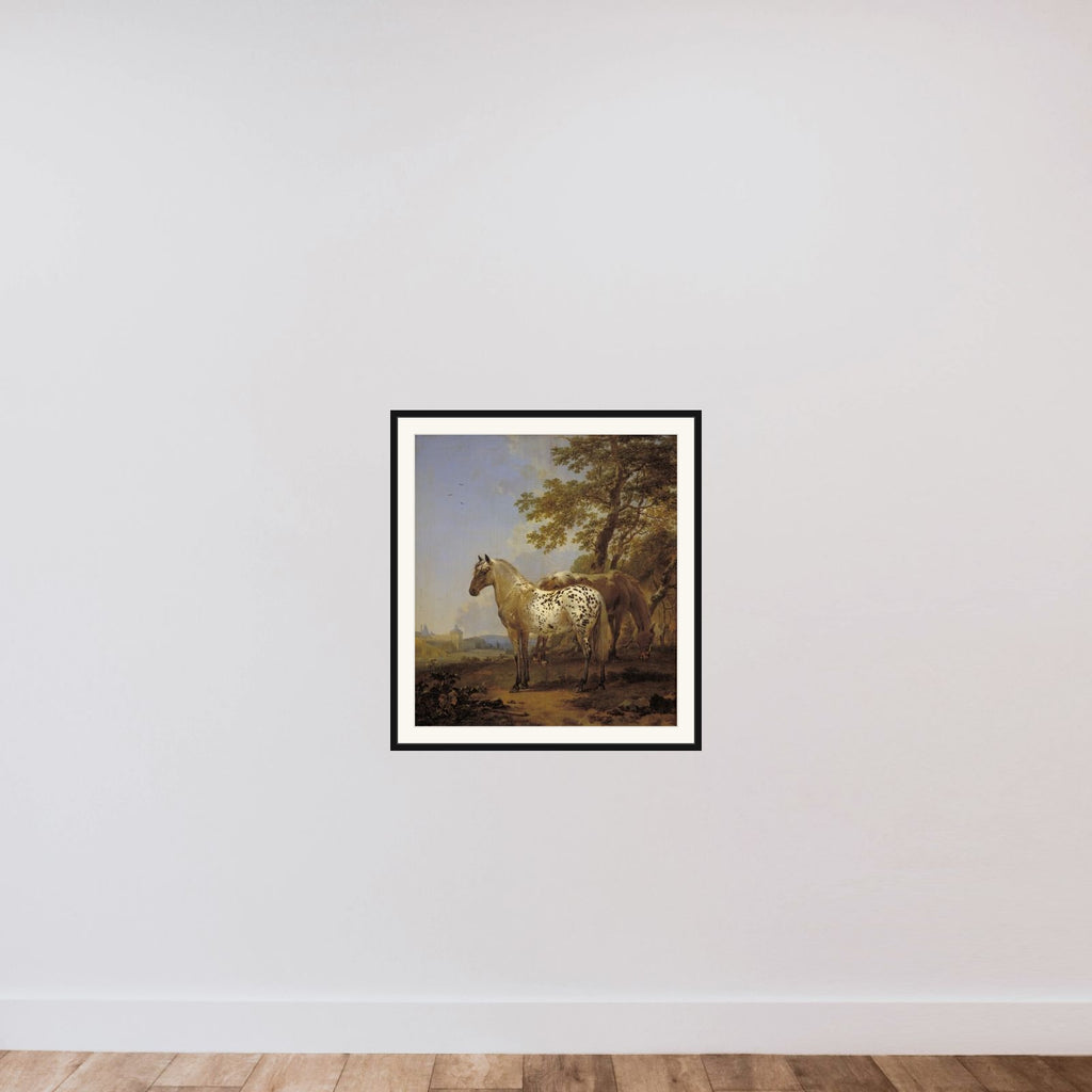 To heste i et landskab framed — shown to scale