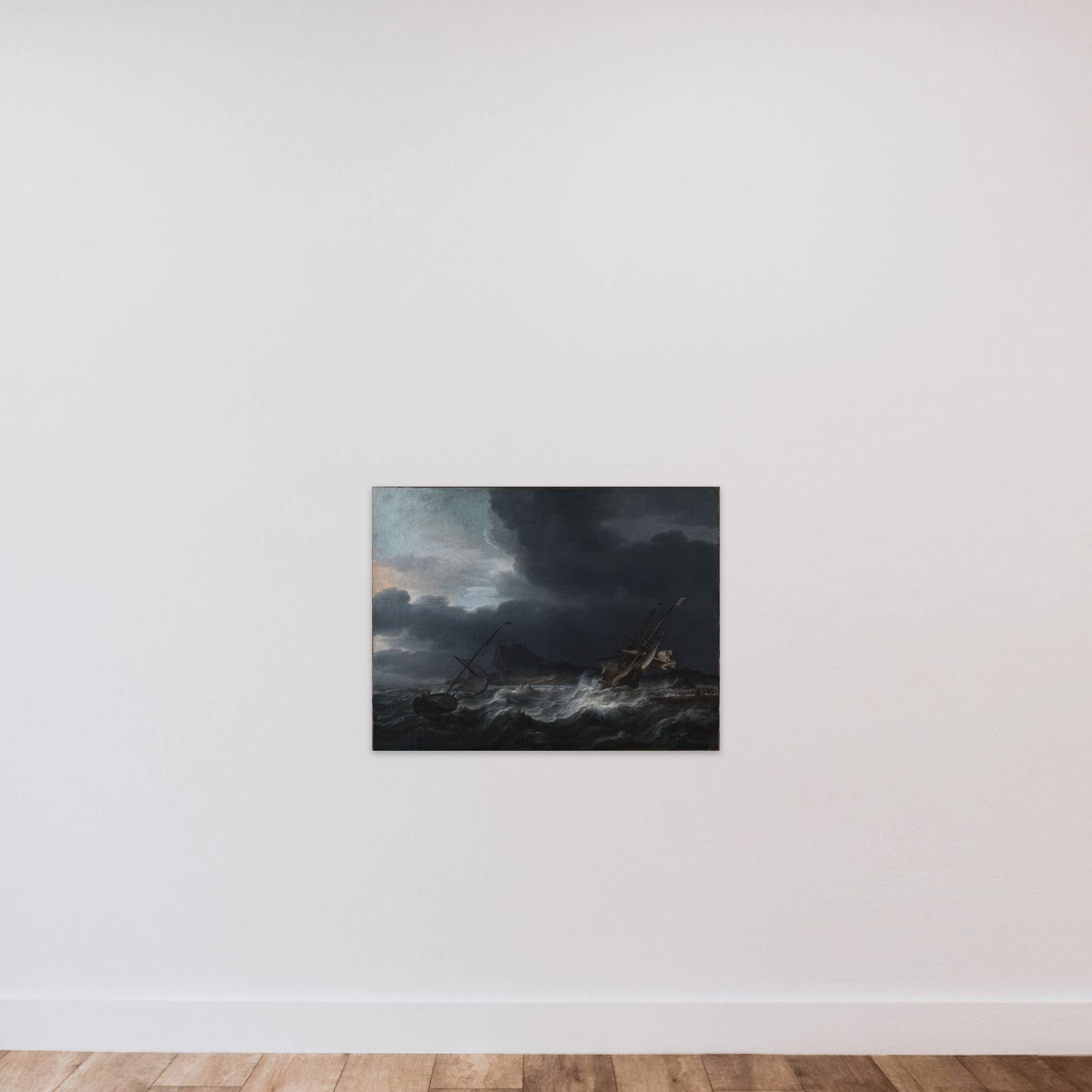 Storm ved en klippekyst unframed — shown to scale