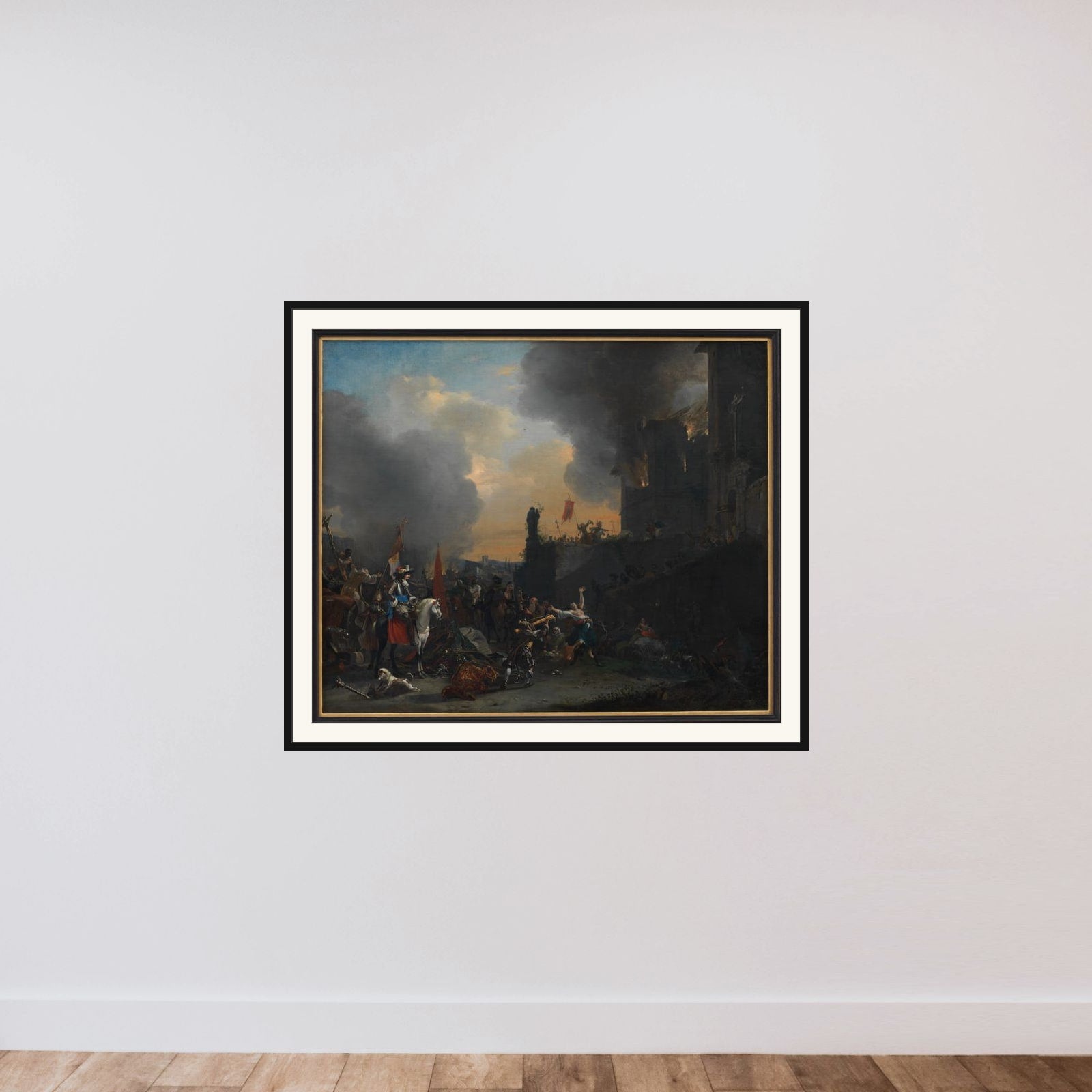 Soldater plyndrer og afbrænder et kloster framed — shown to scale