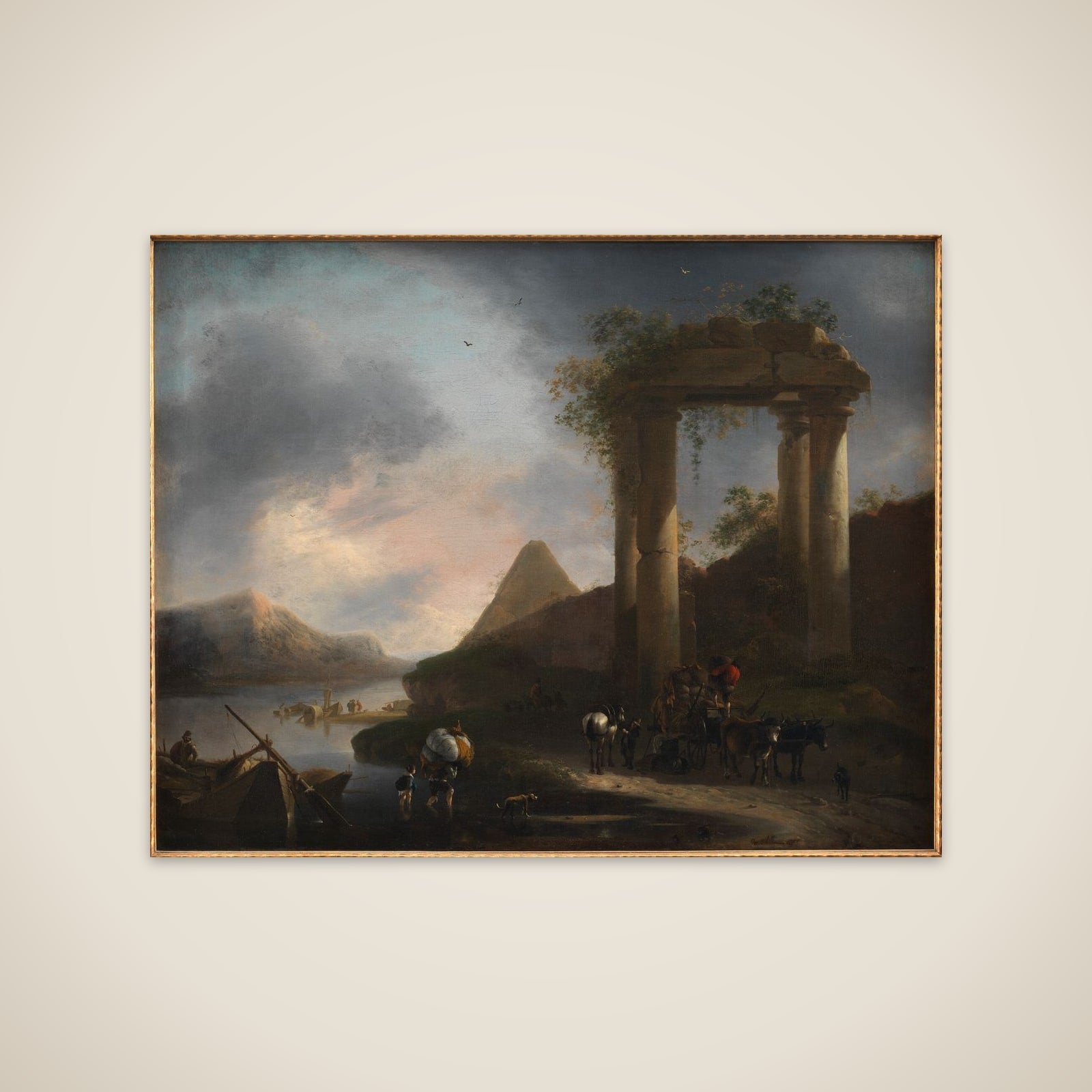 Italiensk landskab med antikke ruiner unframed print