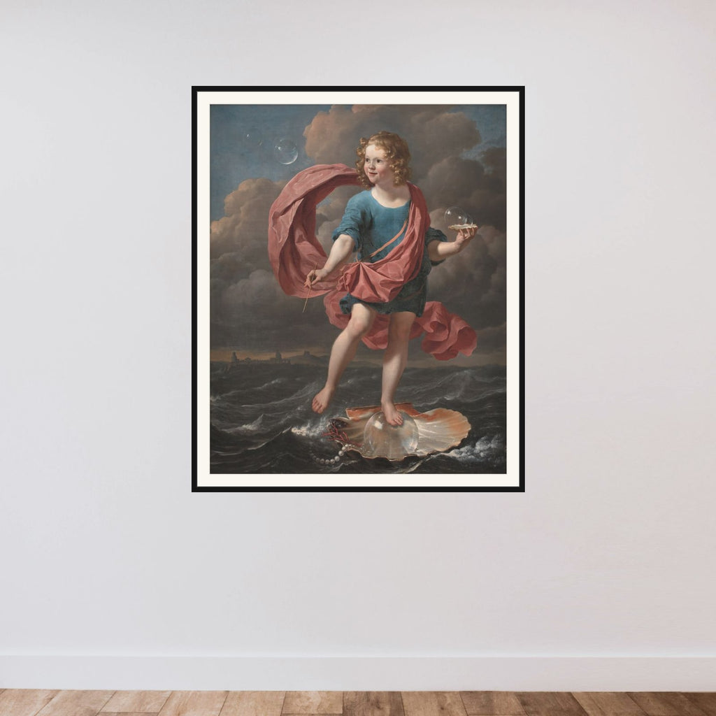 Dreng, der blæser sæbebobler. Allegori på livets korthed framed — shown to scale