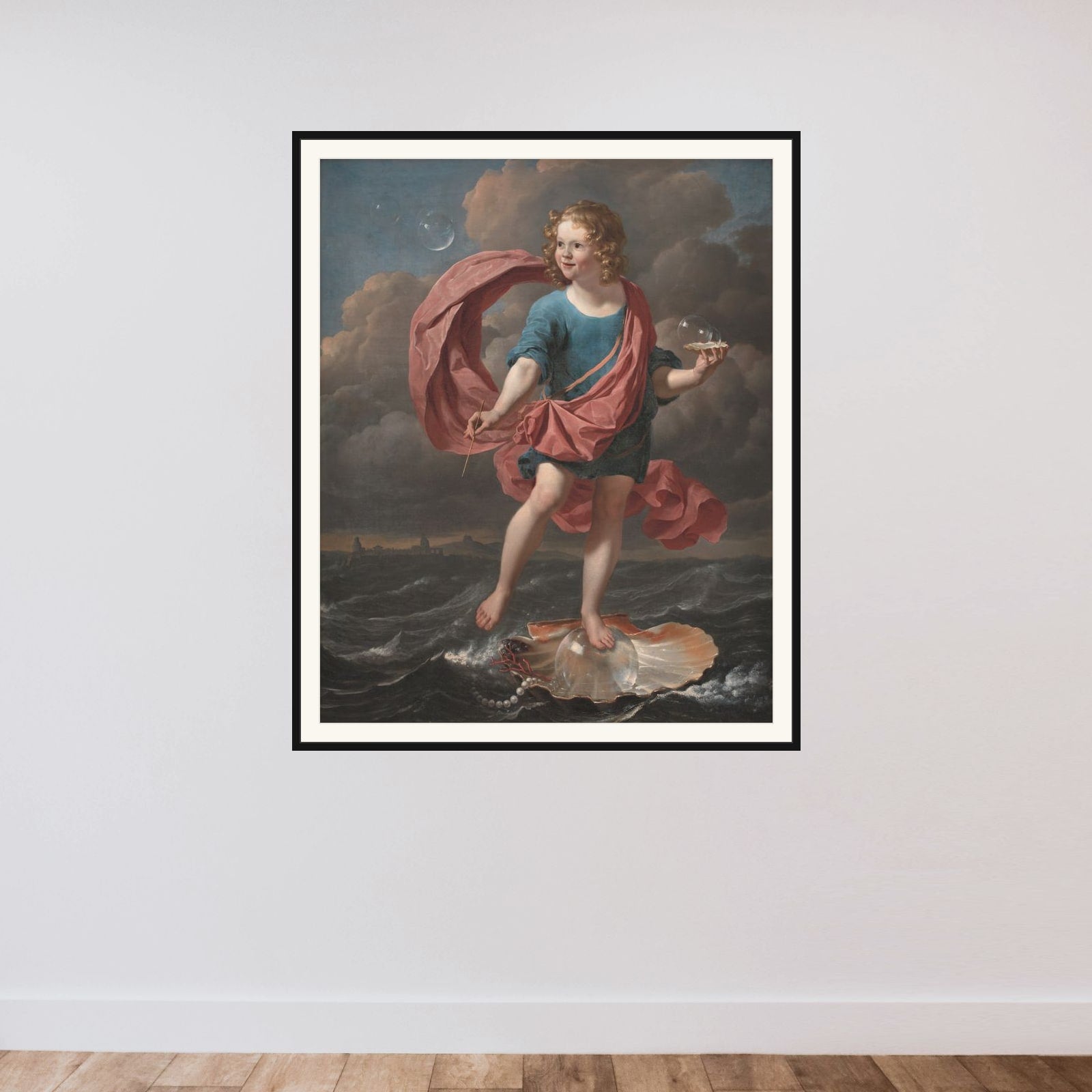 Dreng, der blæser sæbebobler. Allegori på livets korthed framed — shown to scale
