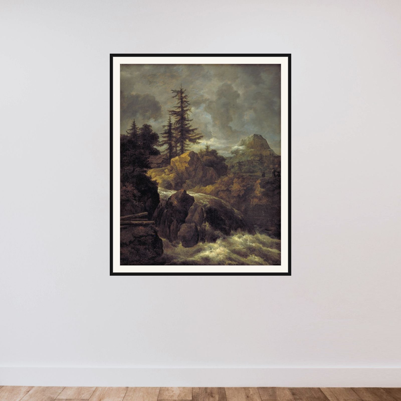 Landskab med vandfald og hytte framed — shown to scale