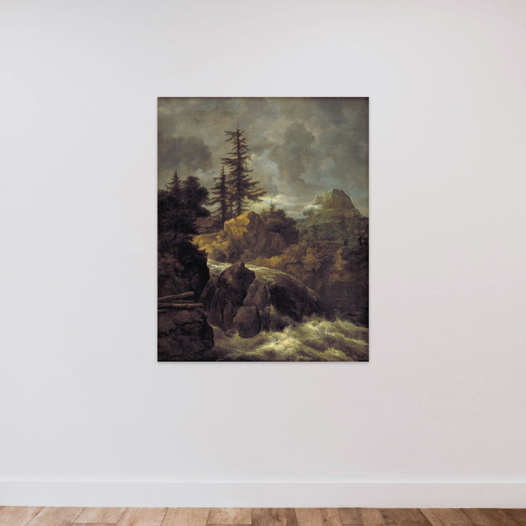 Landskab med vandfald og hytte unframed — shown to scale