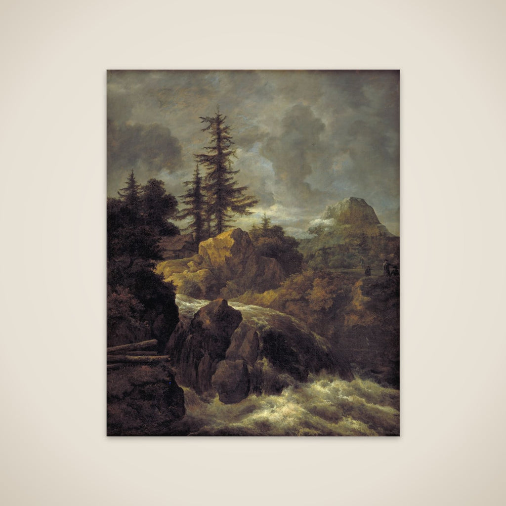 Landskab med vandfald og hytte unframed print