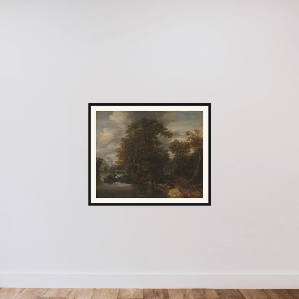 Landskab ved en flod. I baggrunden en kalkovn framed — shown to scale