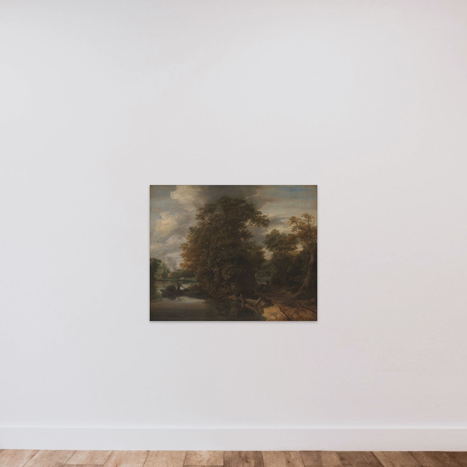 Landskab ved en flod. I baggrunden en kalkovn unframed — shown to scale