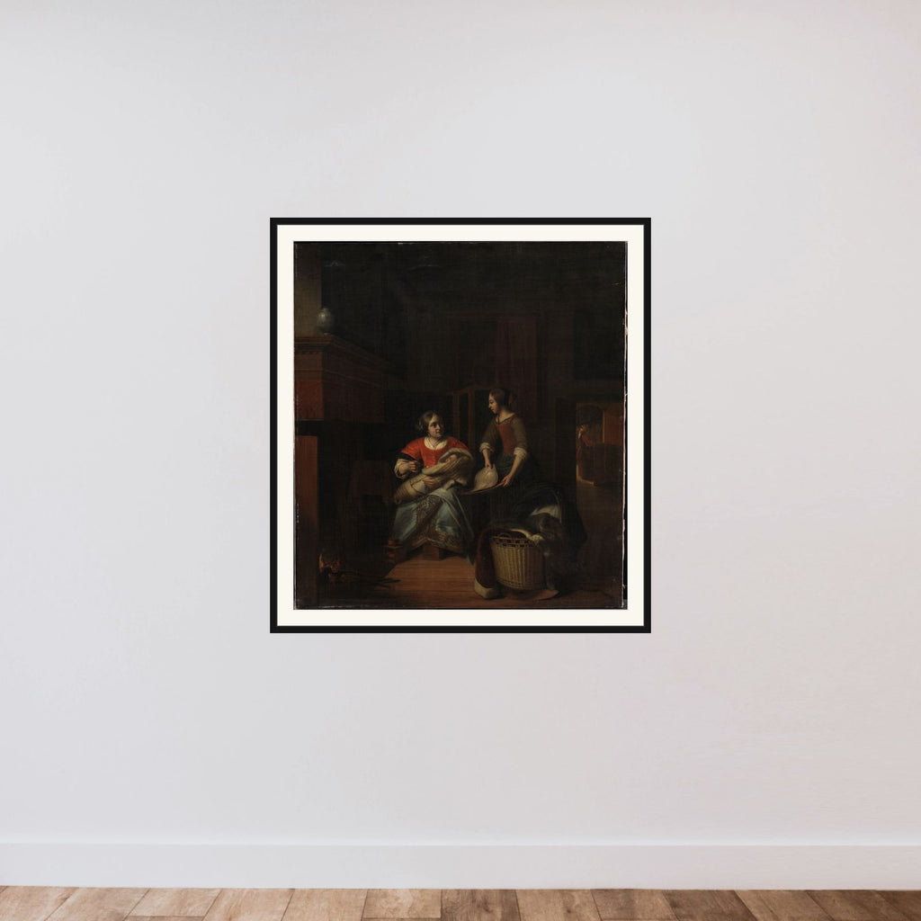 Husmoderen giver pigen besked framed — shown to scale
